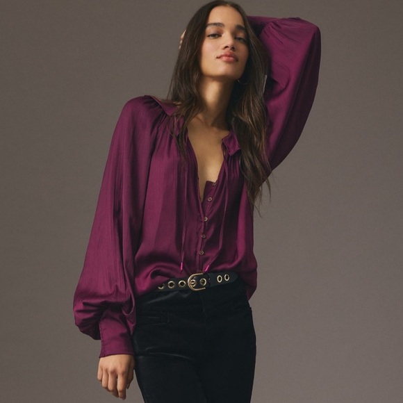 Anthropologie Tops - by Anthropologie Button-Front Peasant Blouse in Deep Raspberry Rose